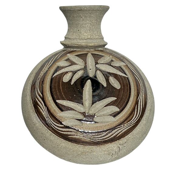 Handmade Flat Bottom Stoneware Vase Signed Mexican‎ Southwestern Earthy Natural - Picture 12 of 13